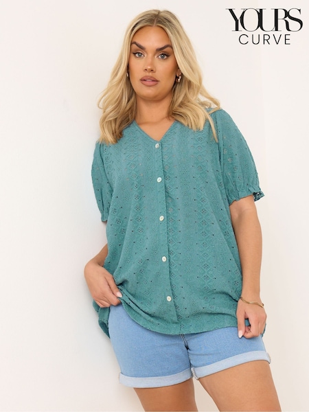 Yours Curve Blue Puff Sleeve Anglaise Blouse (F97262) | £27