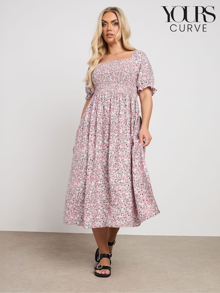 Yours Curve Pink Shirred Square Neck Midaxi Dress (F97266) | £37