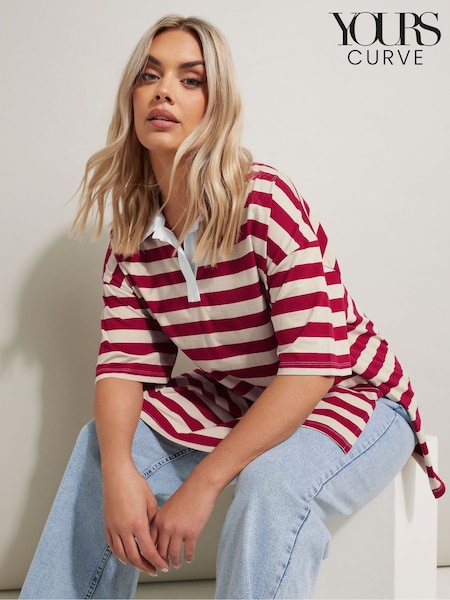 Yours Curve Red Rugby Collar Striped 100% Cotton Polo shirt (F97272) | £29