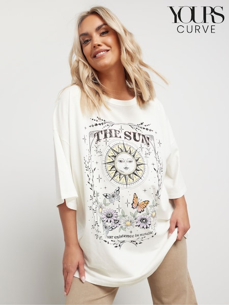 Yours Curve White Oversized Placement Boxy 100% Cotton T-Shirt (F97287) | £20