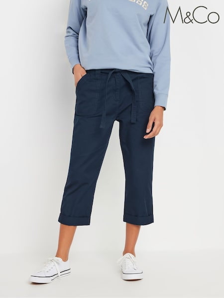 M&Co Blue Poplin Cropped Cool 100% Cotton Trousers (F97302) | £28