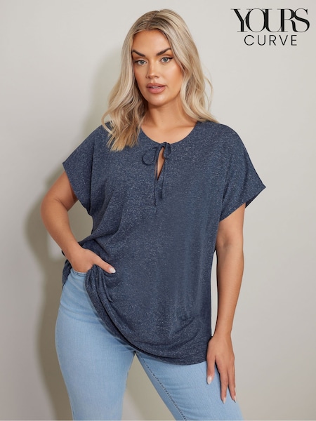 Yours Curve Blue Tie Neck Grown On Sleeve T-Shirt (F97414) | £24