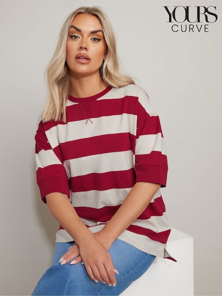 Yours Curve Red Striped Ribbed 100% Cotton T-Shirt (F97430) | £24