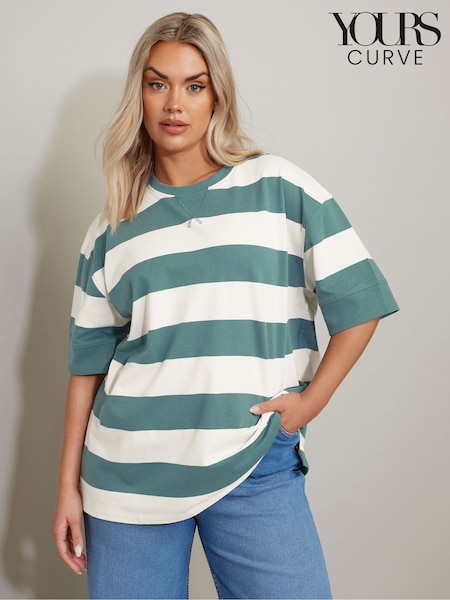 Yours Curve Green Striped Ribbed 100% Cotton T-Shirt (F97444) | £24
