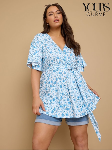 Yours Curve Blue Wrap Angel Sleeve Blouse (F97467) | £29