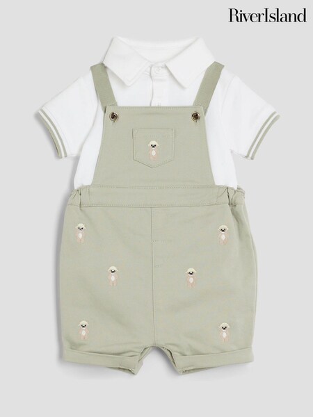 River Island Beige Boys Bear Dungaree Shorts Set (F97511) | £26