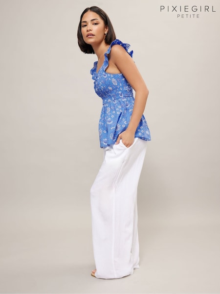 PixieGirl Petite Blue Floral Shirred 100% Cotton Top (F97576) | £29