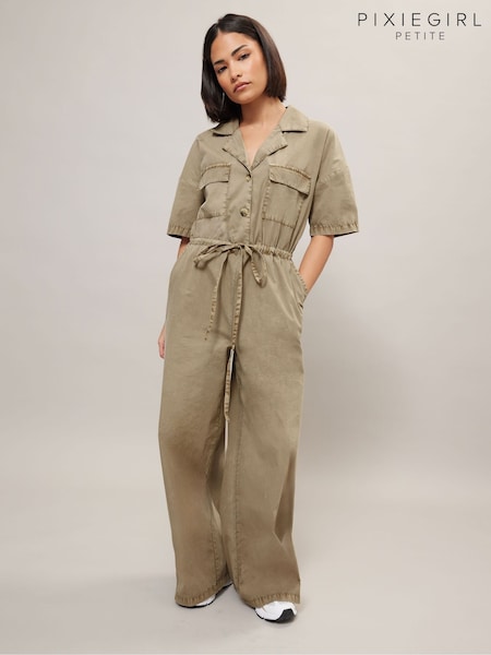 PixieGirl Petite Brown 100% Cotton Tie Waist Jumpsuit (F97583) | £45