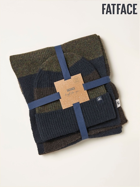 FatFace Chocolate Brown Colour Block Hat and Scarf Gift Set (F97633) | £39.50