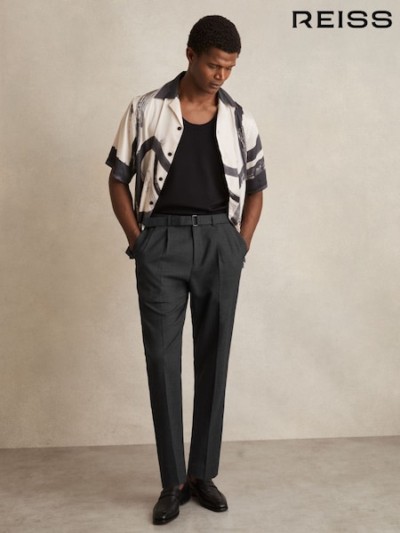 Reiss Charcoal Grey Strap Wool-Blend Belted Pleated Trousers Regular-Fit (F97654) | £148