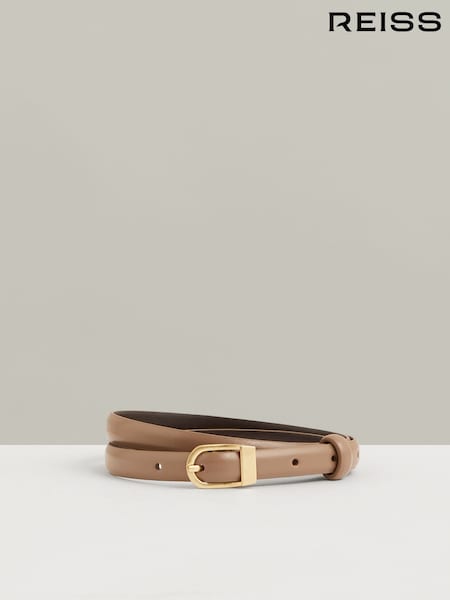 Reiss Taupe Mila Leather Curved-Buckle Skinny Belt (F97659) | £48