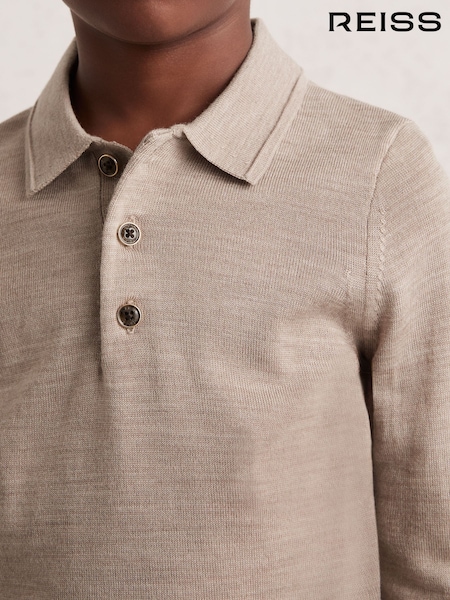 Reiss Wheat Melange Trafford 9-13 yrs Merino Wool Long Sleeve Polo Shirt (F97663) | £38