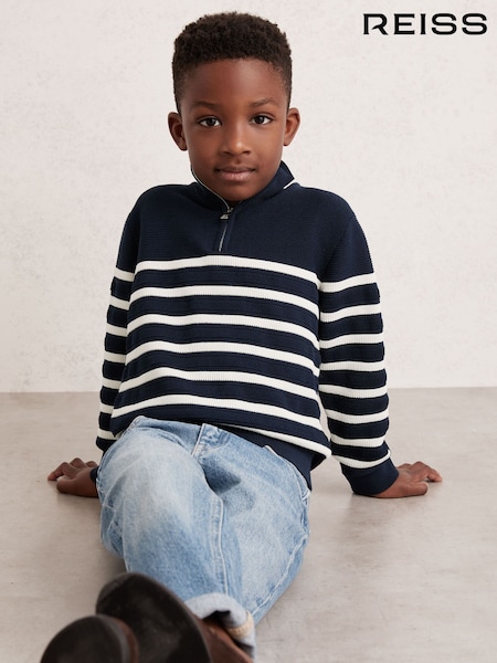 Reiss Navy/Off White Graham 3-9 yrs Cotton-Blend Stripe Half-Zip Jumper (F97717) | £42
