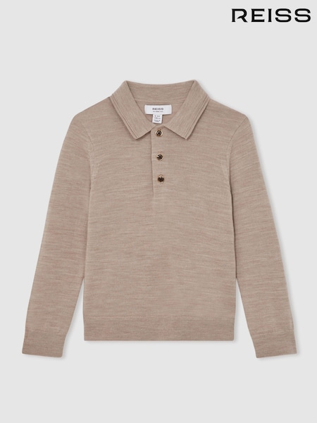 Reiss Wheat Melange Trafford 13-14 yrs Merino Wool Long Sleeve Polo Shirt (F97725) | £42