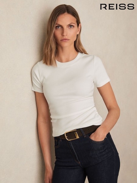 Reiss White Tess Stretch Cotton Ruched Ribbed T-Shirt (F97740) | £0