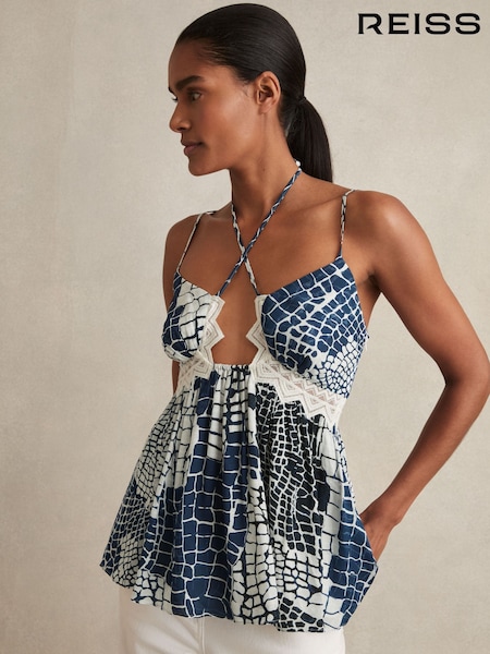 Reiss Blue Estella Animal Print Lace Trim Cami Top (F97744) | £180