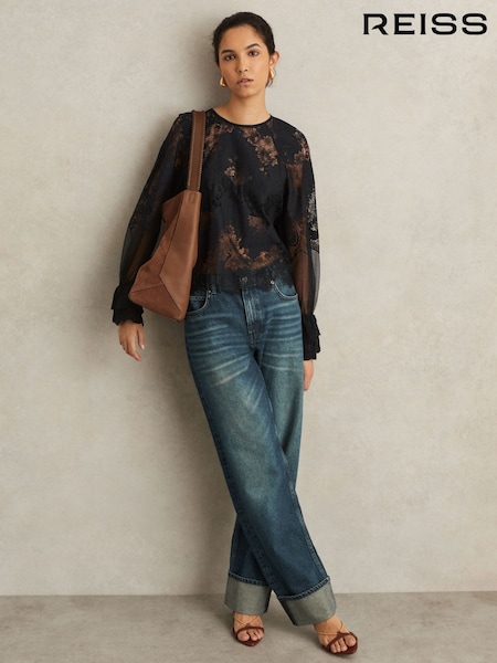 Reiss Navy Emilia Lace Flared-Cuff Blouse (F97749) | £170