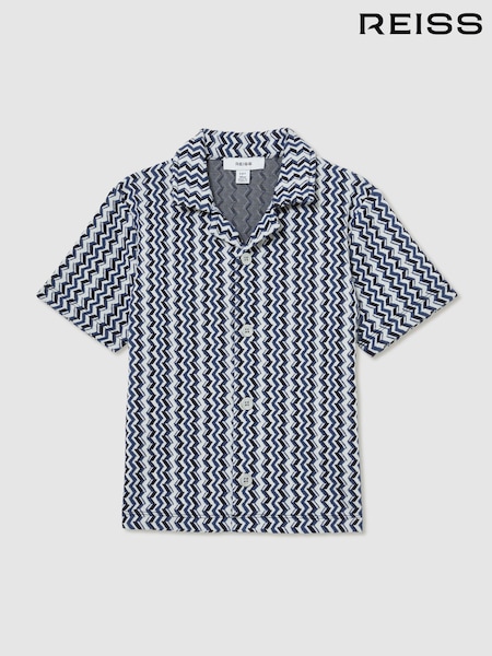 Reiss Blue Vallatta Zig-Zag Knit Cuban-Collar Shirt (F97756) | £36