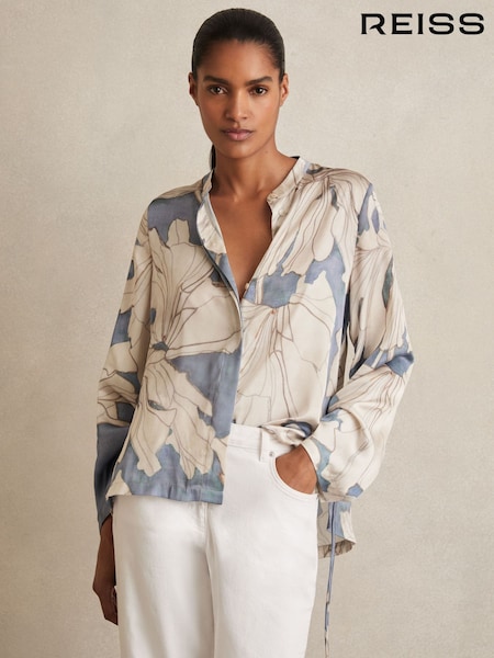 Reiss Blue Gigi Floral Gathered Cut-Out Shirt (F97772) | £170