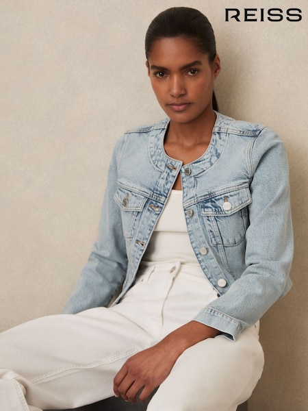 Reiss Light Blue Medora Collarless Cropped Denim Jacket (F97814) | £190