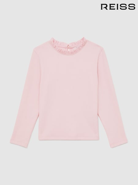 Reiss Pink Flora Stretch-Cotton Ruffle-Neck Top (F97816) | £21