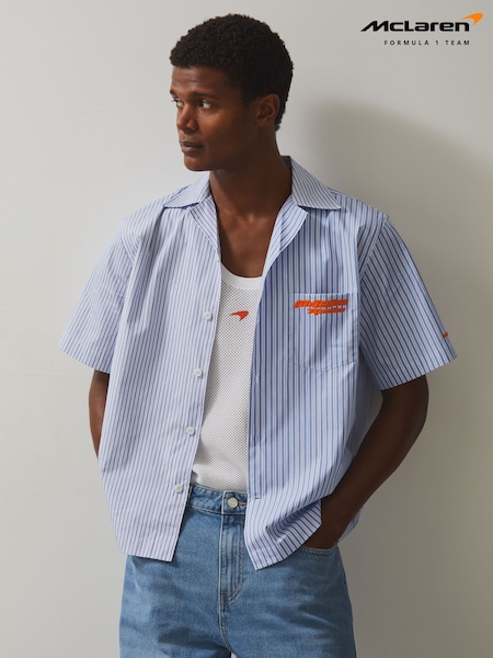 Reiss Soft Blue/White Bruce McLaren F1 Team Cuban Collar Striped Shirt (F97831) | £128