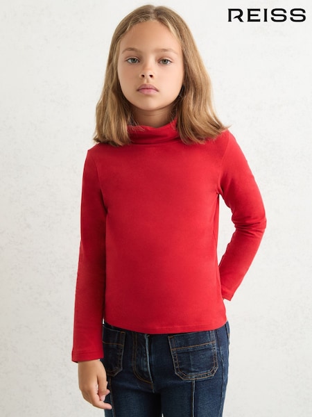 Reiss Red Carey 9-13 yrs Cotton-Jersey Roll-Neck Top with Stretch (F97878) | £16