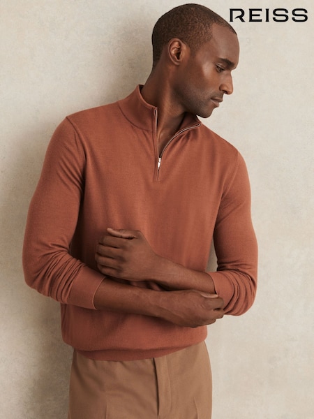 Reiss Cinnamon Brown Blackhall Merino Wool Half-Zip Jumper (F97911) | £98