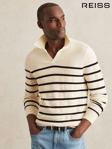 Reiss Warm Stone/Black Ingram Cotton Blend Stripe Knit Polo Shirt (F97916) | £110