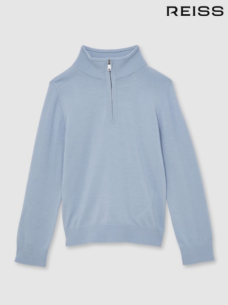 Reiss Soft Blue Melange Blackhall 13-14 yrs Merino Wool Half-Zip Funnel Neck Jumper (F97955) | £42