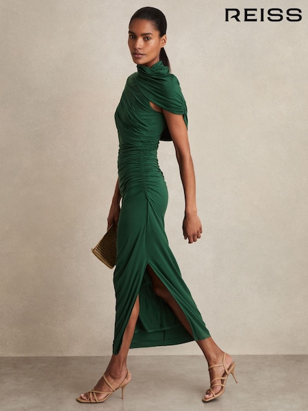 Reiss Green Azure Stretch Lyocell Ruched Midi Dress (F97958) | £0