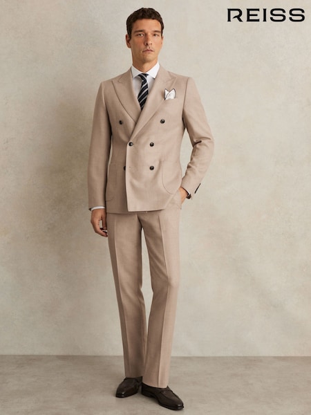 Reiss Oatmeal Brown Venus Slim-Fit Wool-Blend Double-Breasted Suit Blazer (F97979) | £330