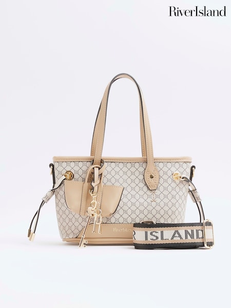 River Island Beige Monogram Tie Side Small Shopper Bag (F98091) | £32