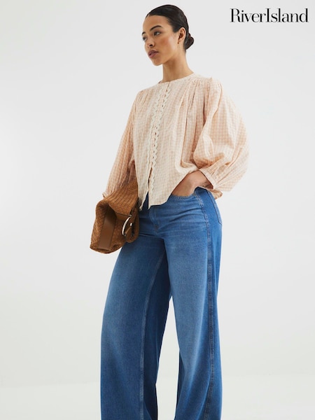 River Island Orange Puff Sleeve Ginham 100% Cotton  Blouse (F98098) | £36