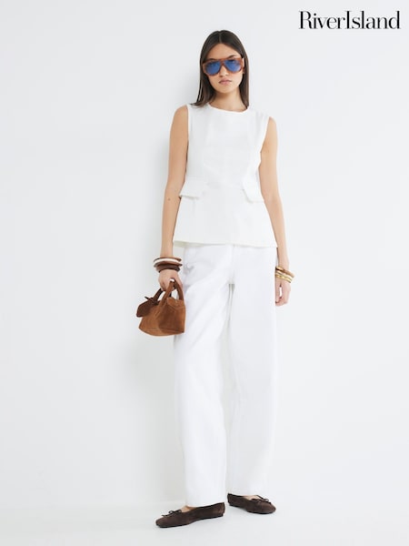 River Island White Peplum Crew Neck Denim 100% Cotton Vest (F98121) | £39