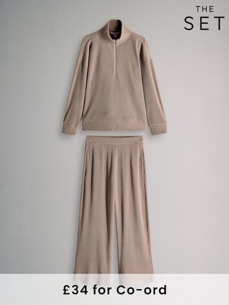 The Set Neutral Soft Touch Rib Funnel Neck Sweatshirt/Wide Leg Joggers Coord (F98290) | £34