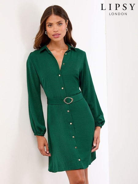 Lipsy Green Mini Long sleeve Button Through Shirt Dress (F98346) | £46