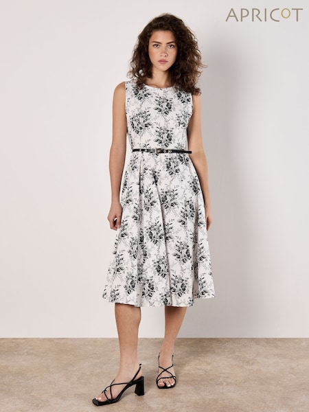 Apricot White Sketched Rose Fit & Flare Cotton Stretch Midi Dress (F98412) | £46