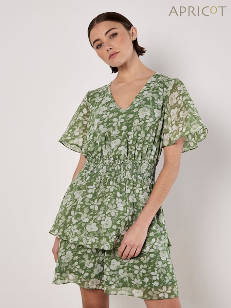 Apricot Green Watercolour Rose Layered Mini Dress (F98427) | £40