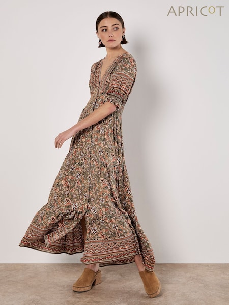 Apricot Green Sarasa Border Button Dress (F98432) | £50