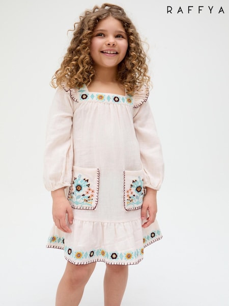 Raffya Cream Lisa Square Neck Placement Print 100% Cotton Dress (F98445) | £45