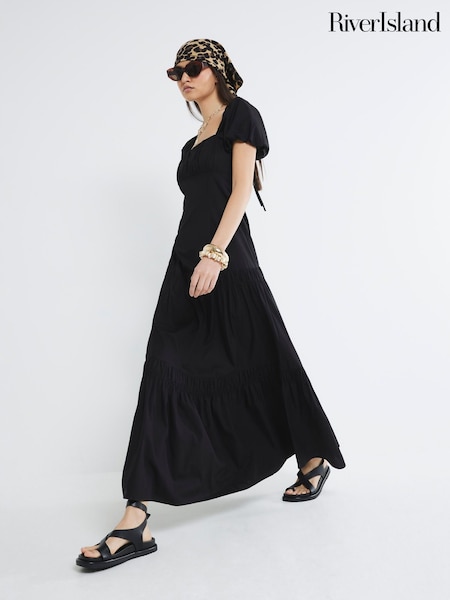 River Island Black 100% Cotton Puff Sleeve Tea Midi Dress (F98538) | £51
