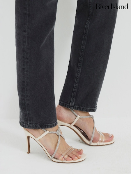 River Island White Embellished Twist Front Heeled Sandals (F98613) | £40