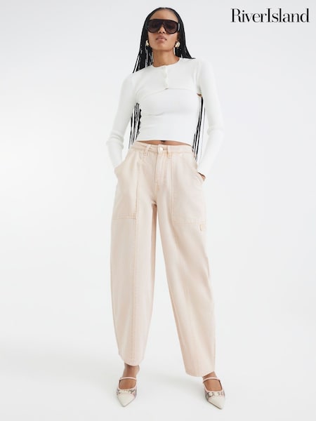 River Island Cream Barrel Denim 100% Cotton Trousers (F98618) | £42