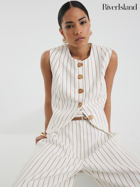 River Island White Petite Stripe High Neck Fitted Waistcoat (F98623) | £36