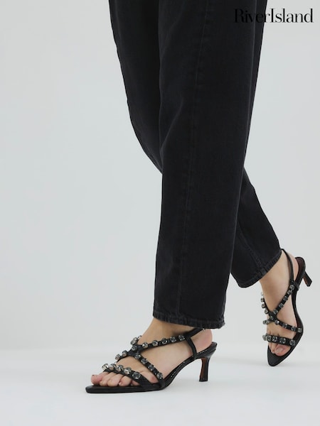 River Island Black Gem Detail Heeled Sandals (F98627) | £66