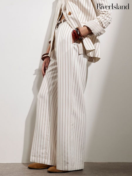 River Island White Stripe Belted Wide Leg Trousers (F98628) | £49