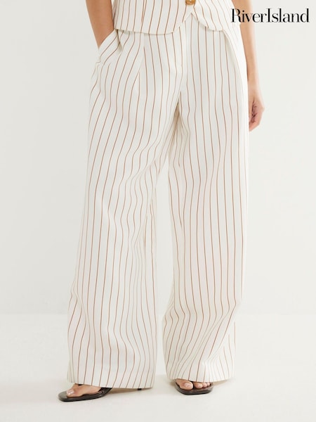 River Island White Petite Stripe Belted Wide Leg Trousers (F98633) | £49