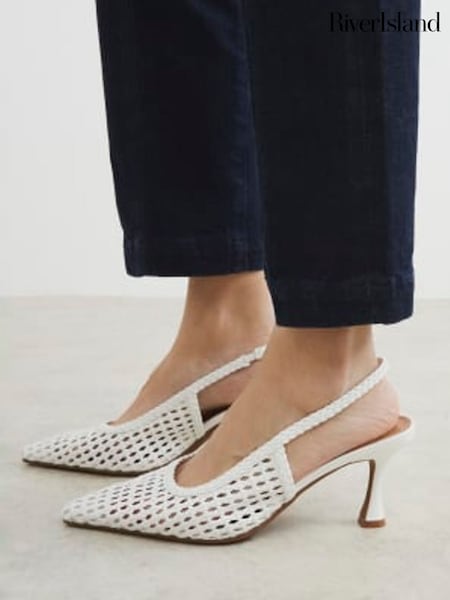 River Island White Woven Sling Back Heeled Court Shoes (F98656) | £38