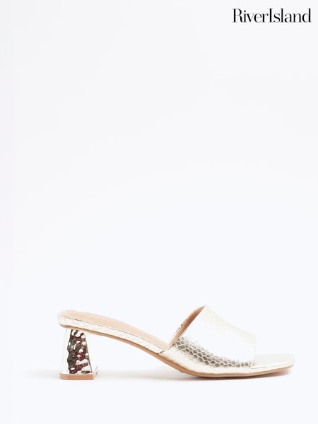 River Island Gold Textured Block Heel Mules (F98661) | £34